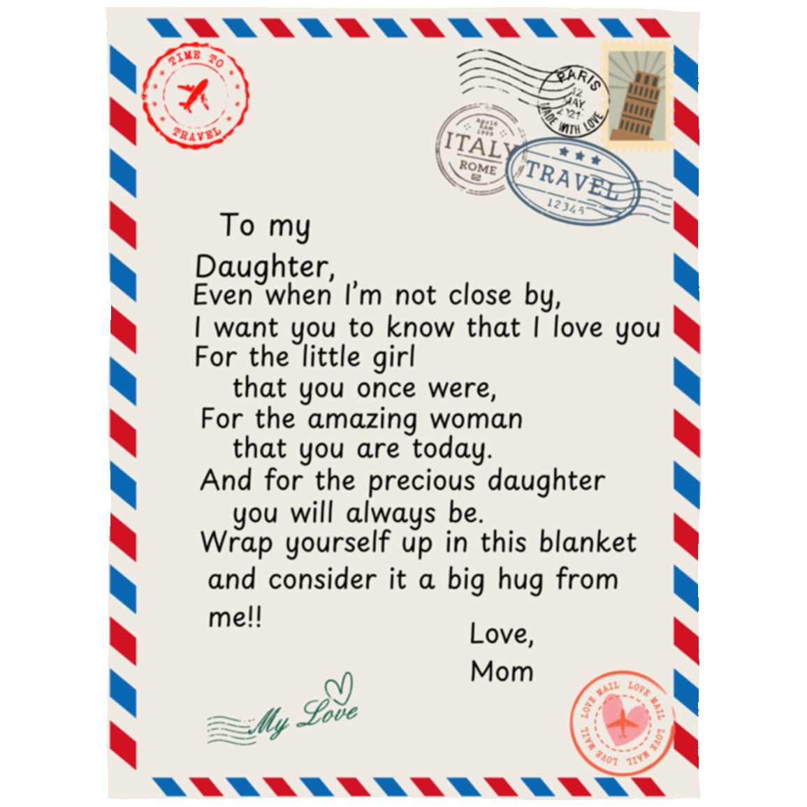 To My Daughter Postal Card from Mom Blanket