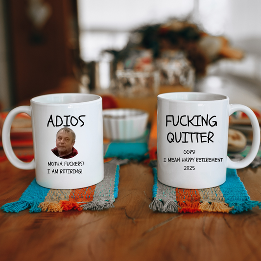 “Funny Adult Retirement Mug Set – Adios & Quitter Edition”