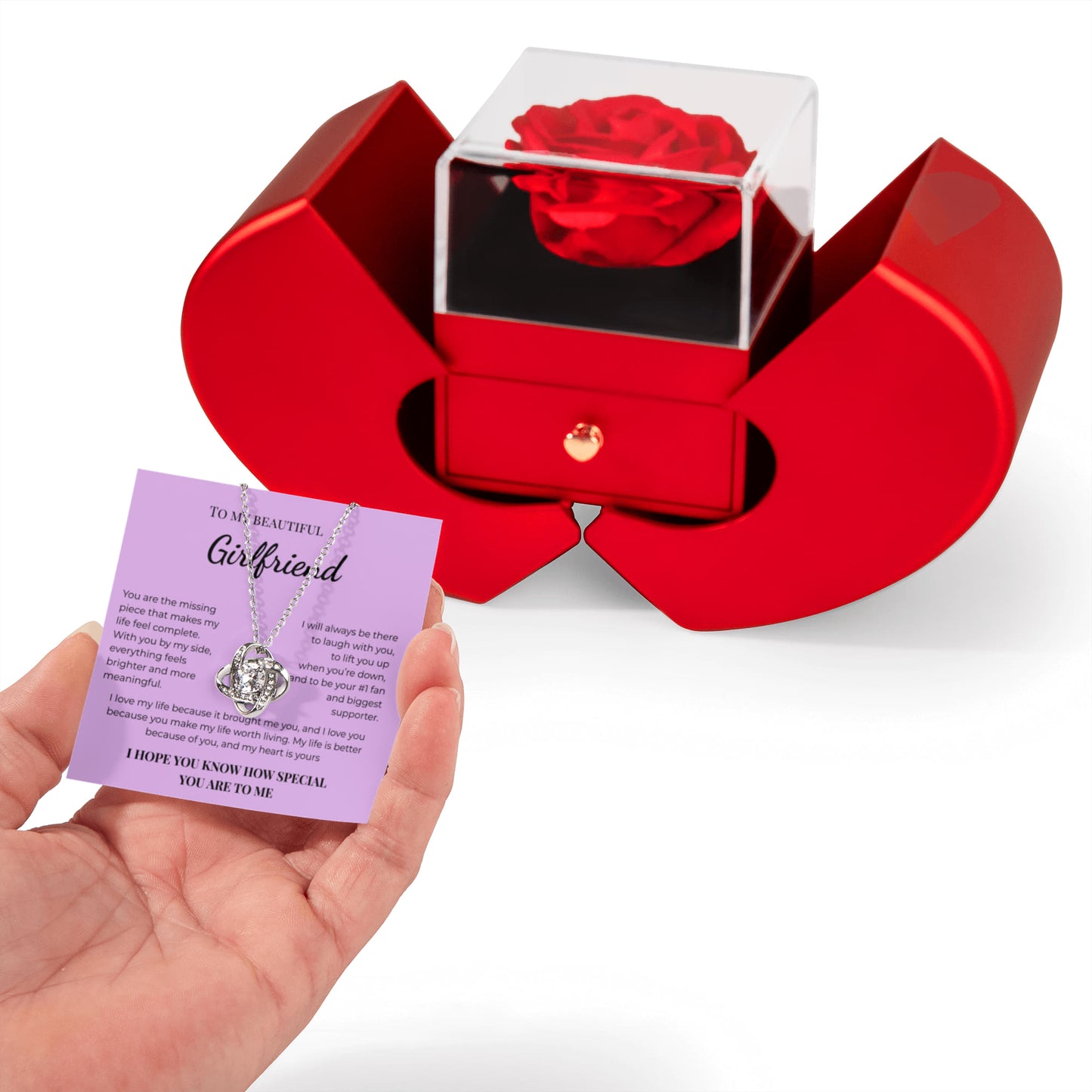 Romantic Eternal Rose Necklace Gift Box – Love Knot Necklace for Girlfriend – Valentine’s Day Jewelry Gift for Her