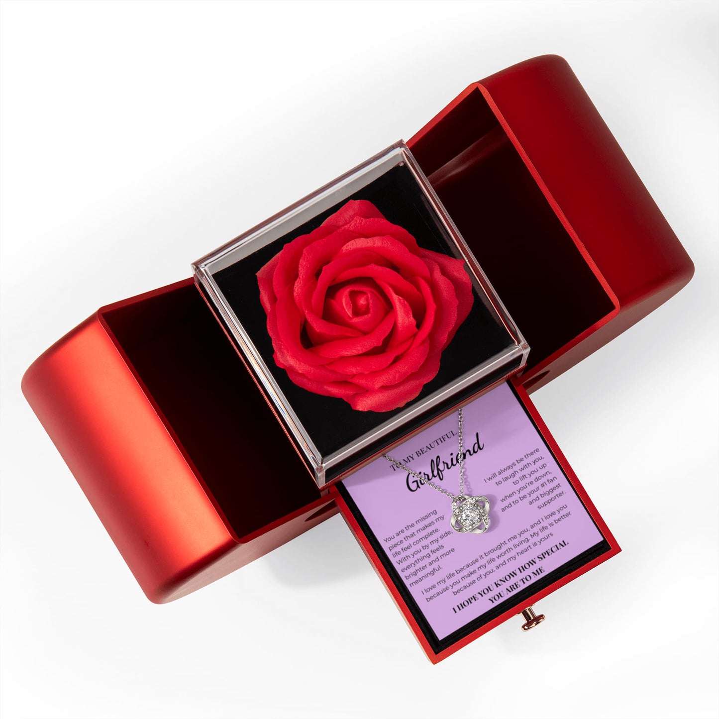 Romantic Eternal Rose Necklace Gift Box – Love Knot Necklace for Girlfriend – Valentine’s Day Jewelry Gift for Her