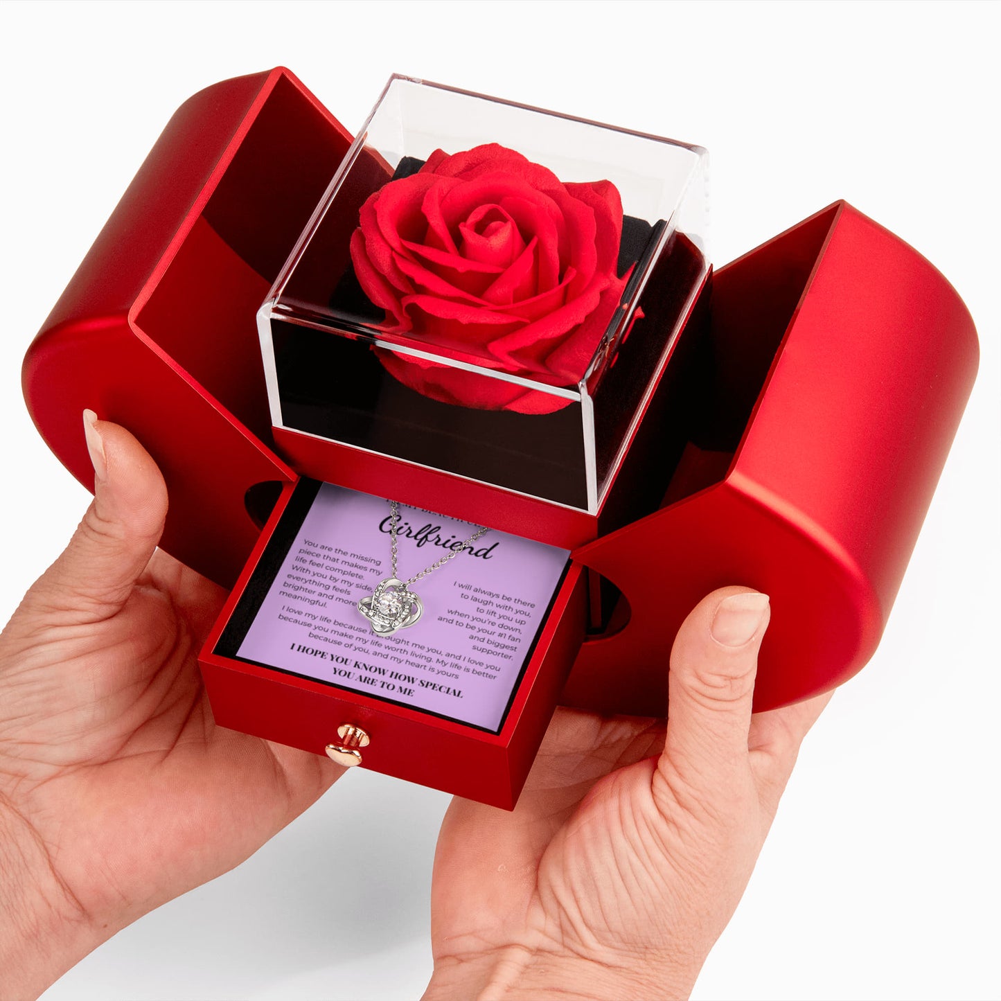 Romantic Eternal Rose Necklace Gift Box – Love Knot Necklace for Girlfriend – Valentine’s Day Jewelry Gift for Her