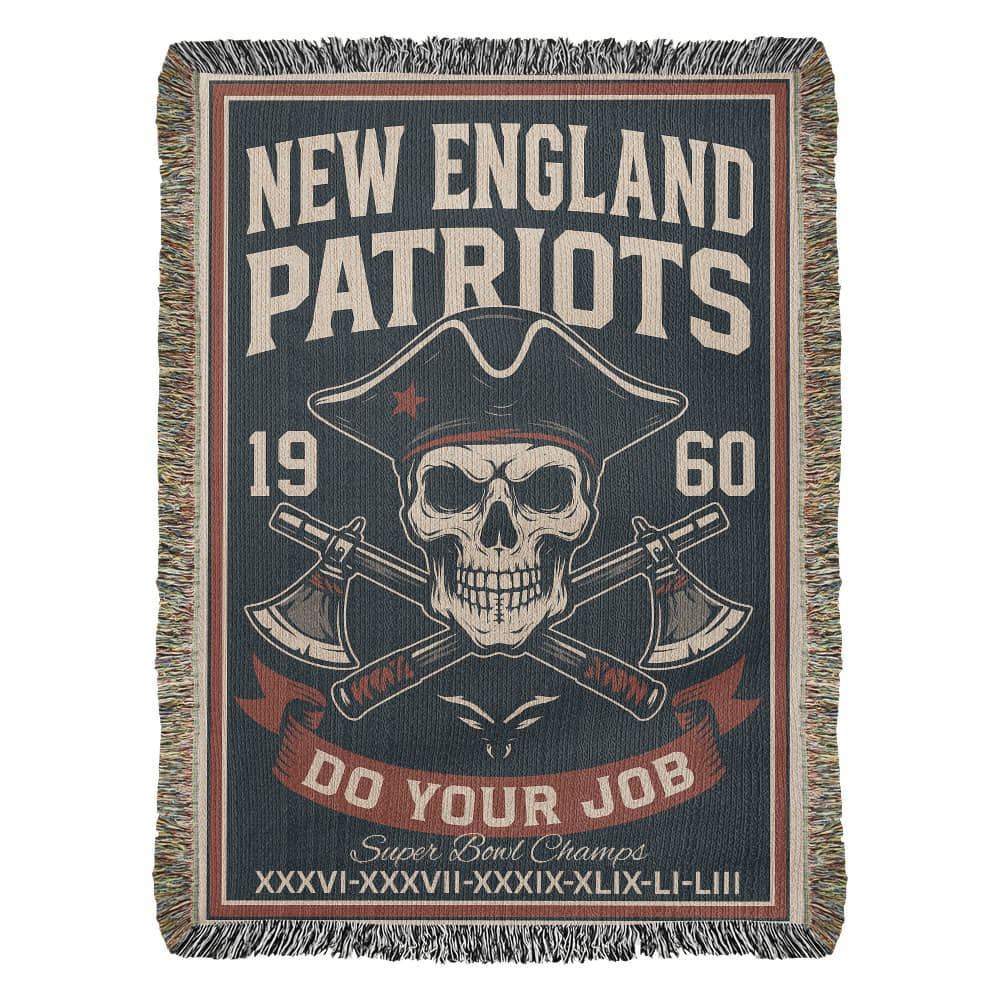 New England Patriots Woven Blanket | Skull Patriot & Crossed Hatchets | Super Bowl Champs