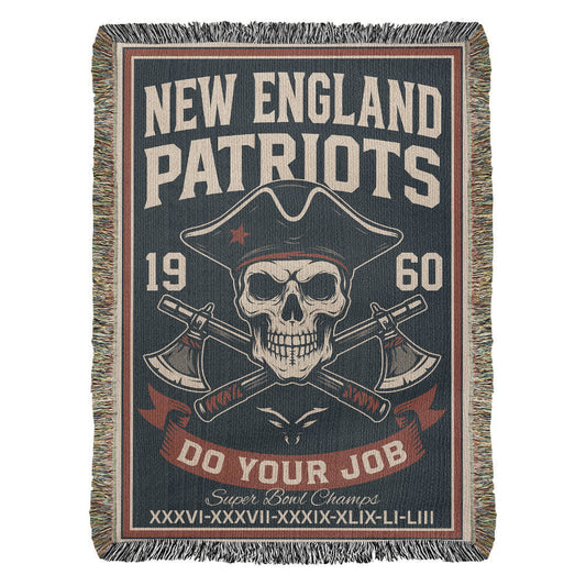 New England Patriots Woven Blanket | Skull Patriot & Crossed Hatchets | Super Bowl Champs