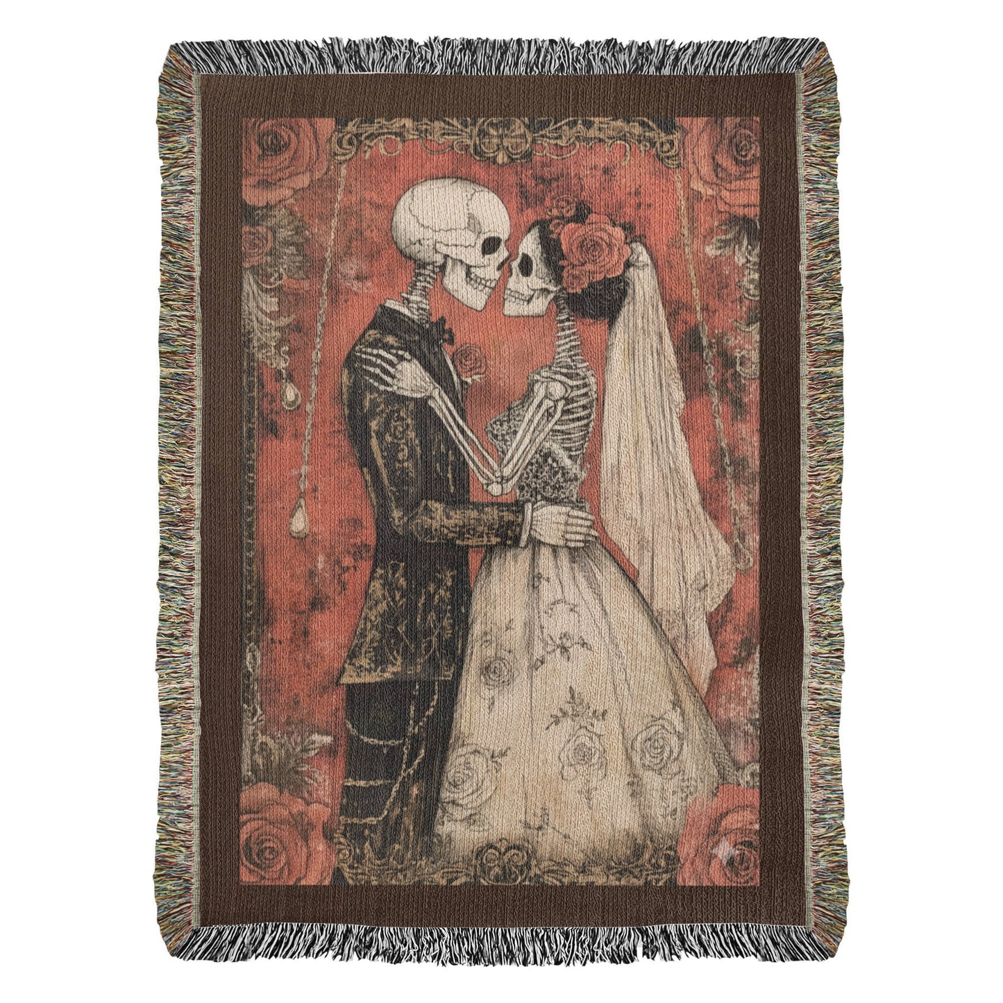 Gothic Skeleton Couple Woven Blanket – Romantic Dark Love Throw, Halloween Wedding Gift, Till Death Do Us Part Decor