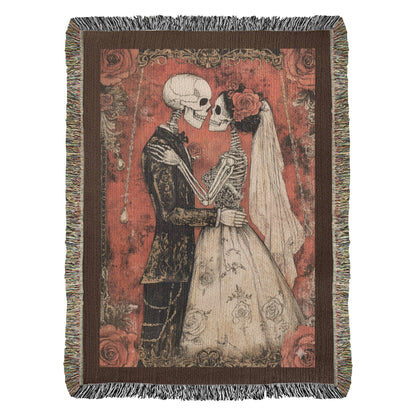 Gothic Skeleton Couple Woven Blanket – Romantic Dark Love Throw, Halloween Wedding Gift, Till Death Do Us Part Decor