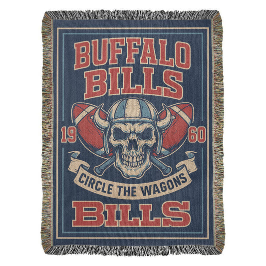 Buffalo Bills Woven Blanket | Circle the Wagons Skull Football Throw | Vintage Red & Blue