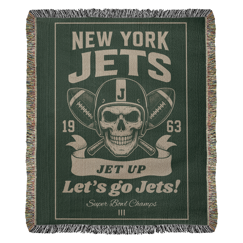 New York Jets Woven Blanket | Skull Helmet Football Throw | Super Bowl III Champions