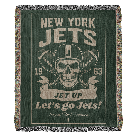 New York Jets Woven Blanket | Skull Helmet Football Throw | Super Bowl III Champions