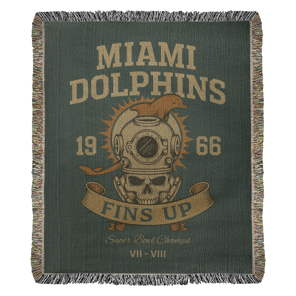 Miami Dolphins Woven Blanket | Fins Up Diver Skull Design | Super Bowl Champs VII & VIII