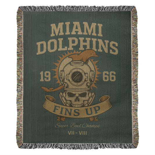 Miami Dolphins Woven Blanket | Fins Up Diver Skull Design | Super Bowl Champs VII & VIII