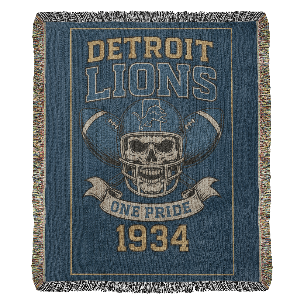 Detroit Lions Woven Blanket | One Pride Skull Football Throw | 1934 Edition