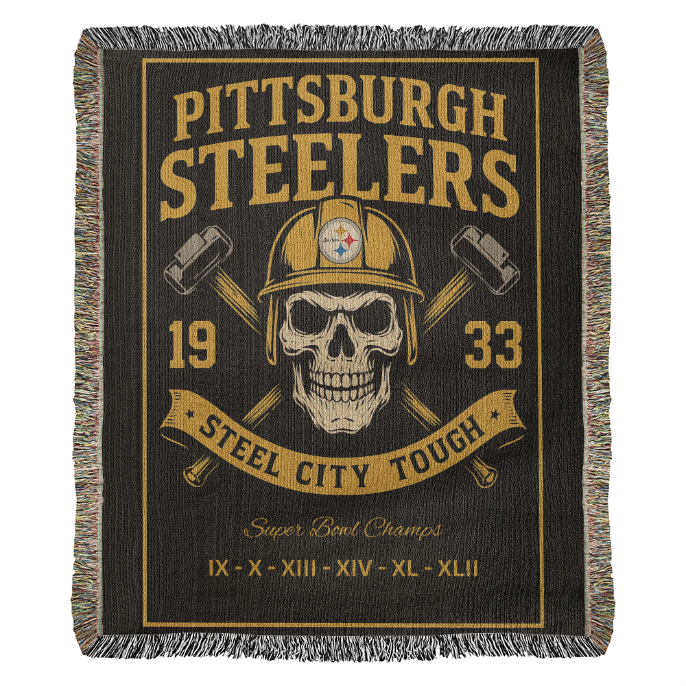 Pittsburgh Steelers Woven Blanket | Steel City Tough Skull Hardhat Throw | Super Bowl Champions