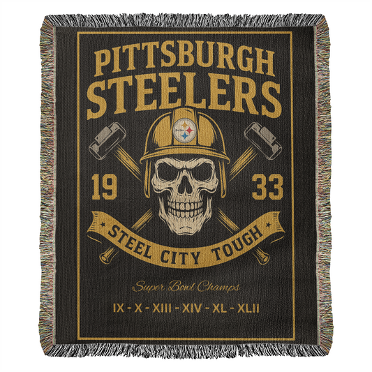 Pittsburgh Steelers Woven Blanket | Steel City Tough Skull Hardhat Throw | Super Bowl Champions