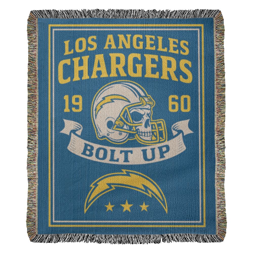 Los Angeles Chargers Woven Blanket | Bolt Up Skull Football Throw | Blue & Gold Edition