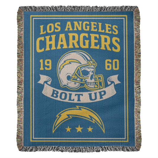 Los Angeles Chargers Woven Blanket | Bolt Up Skull Football Throw | Blue & Gold Edition