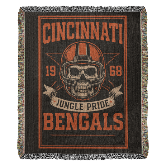 Cincinnati Bengals Woven Blanket | Jungle Pride Skull Football Throw | Vintage Orange & Black