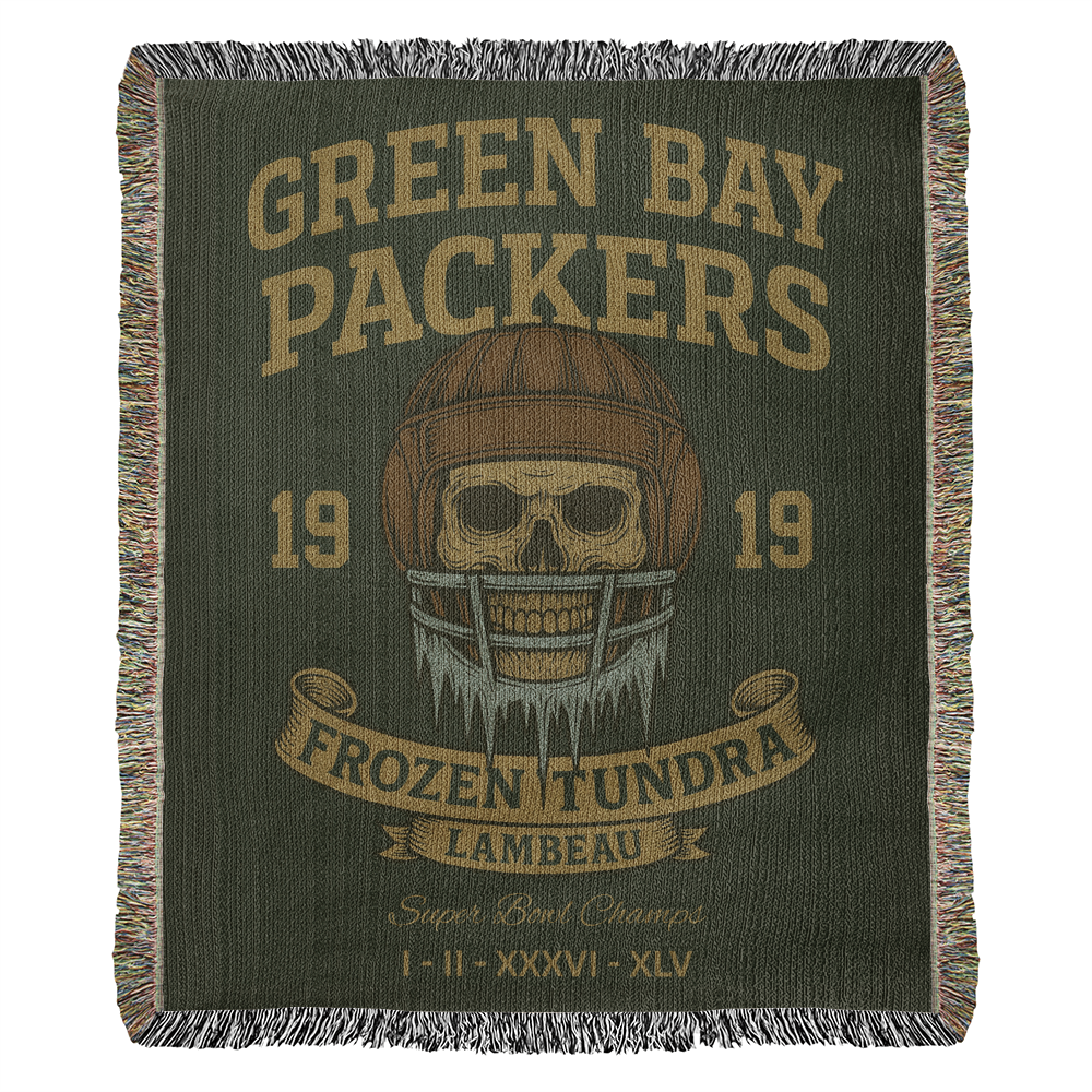 Green Bay Packers Woven Blanket | Frozen Tundra Lambeau Skull Football Throw | Super Bowl Champs