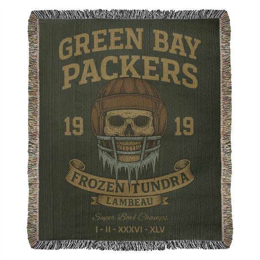 Green Bay Packers Woven Blanket | Frozen Tundra Lambeau Skull Football Throw | Super Bowl Champs