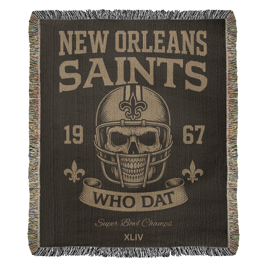 New Orleans Saints Woven Blanket – “Who Dat” Vintage Skull Helmet Design