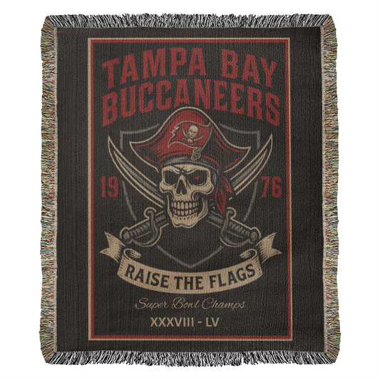 Tampa Bay Buccaneers Woven Blanket – “Raise the Flags” Vintage Pirate Skull (1976)