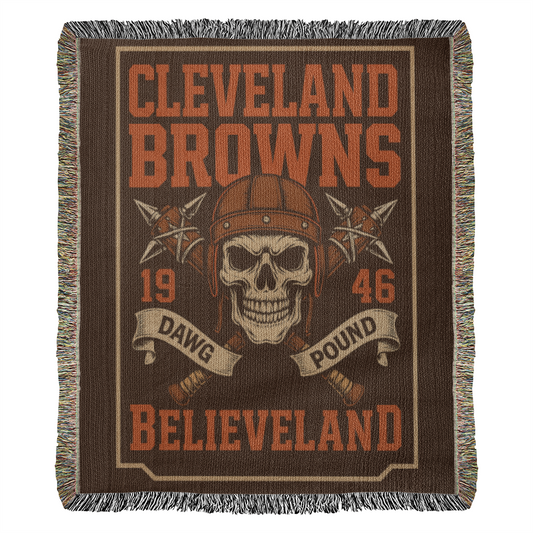 Cleveland Browns Woven Blanket | Dawg Pound Skull Football Throw | Believeland Edition