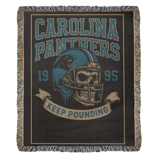 Carolina Panthers Woven Blanket – “Keep Pounding” Vintage Skull Helmet Design