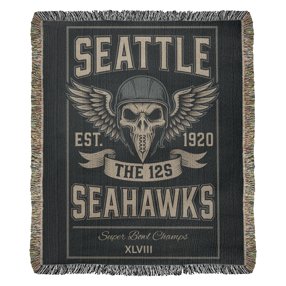 Seattle Seahawks Woven Blanket – “The 12s” Vintage Skull Wings Design