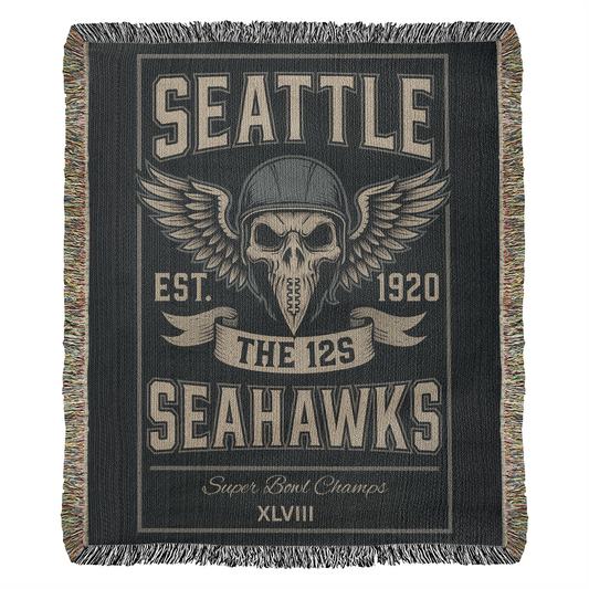Seattle Seahawks Woven Blanket – “The 12s” Vintage Skull Wings Design