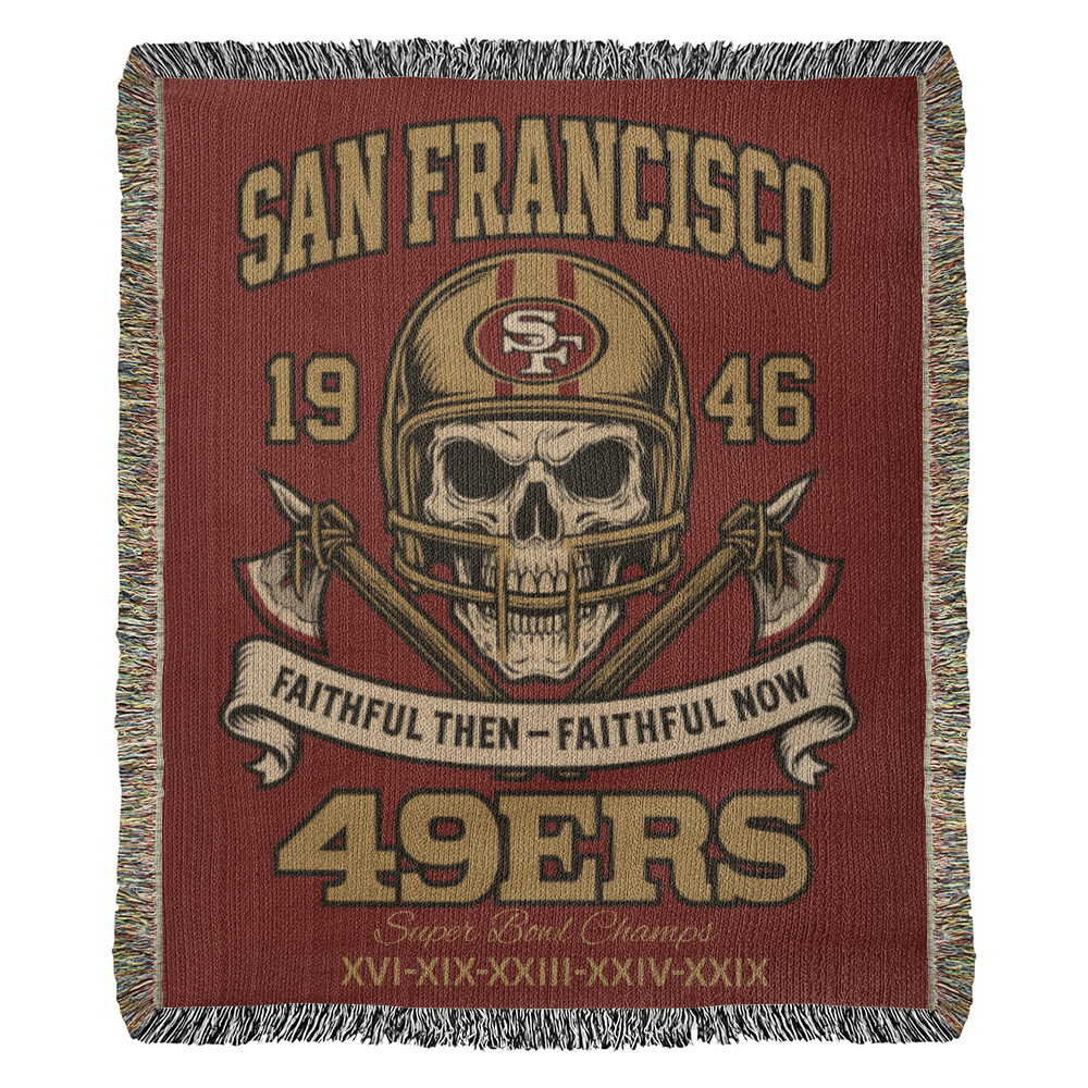 San Francisco 49ers Woven Blanket – “Faithful Then, Faithful Now” Vintage Skull Design