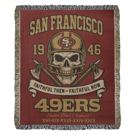 San Francisco 49ers Woven Blanket – “Faithful Then, Faithful Now” Vintage Skull Design