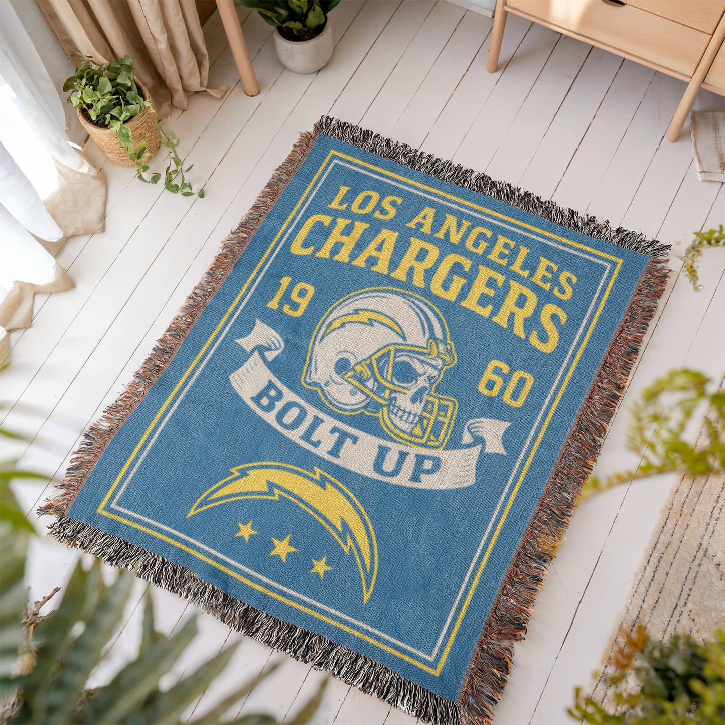 Los Angeles Chargers Woven Blanket | Bolt Up Skull Football Throw | Blue & Gold Edition