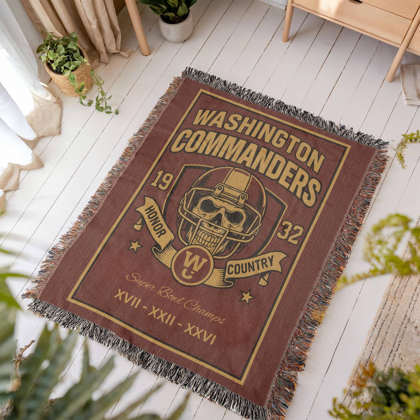 Washington Commanders Woven Blanket – Skull Helmet Design | Super Bowl Champions Throw