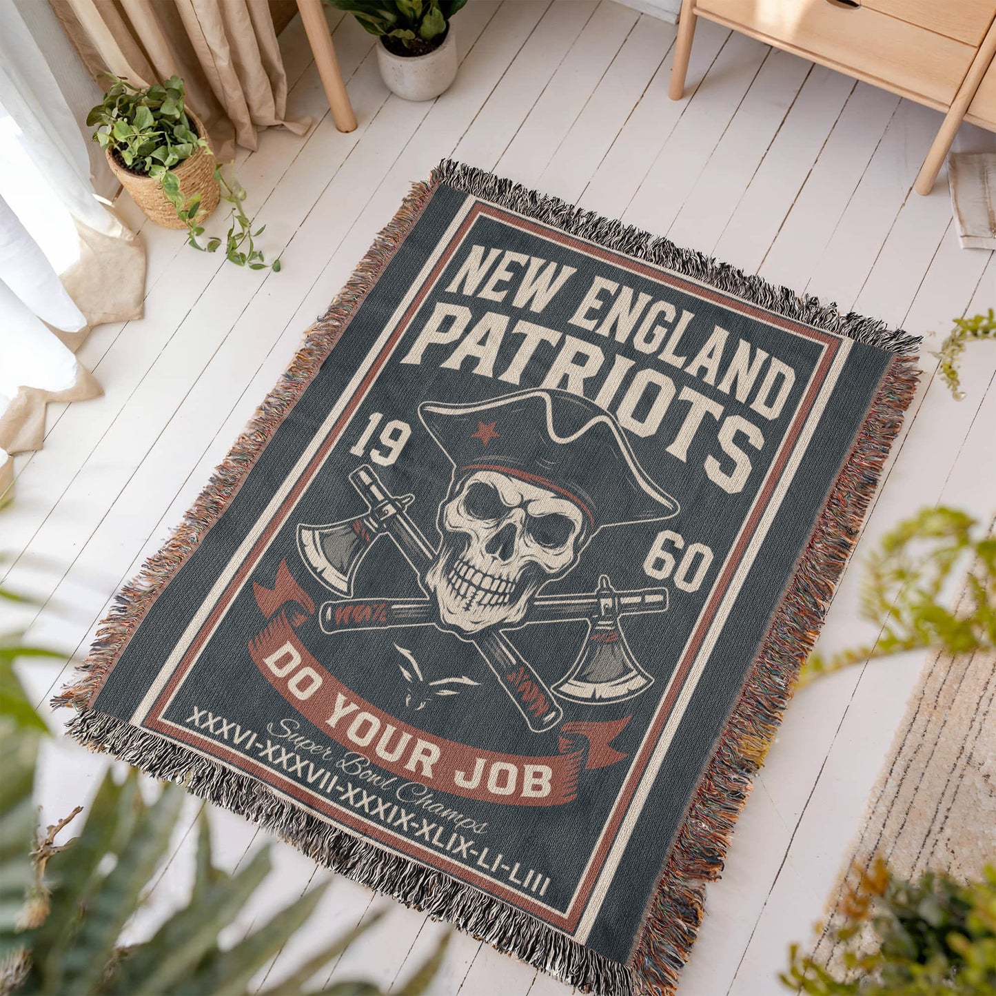 New England Patriots Woven Blanket | Skull Patriot & Crossed Hatchets | Super Bowl Champs