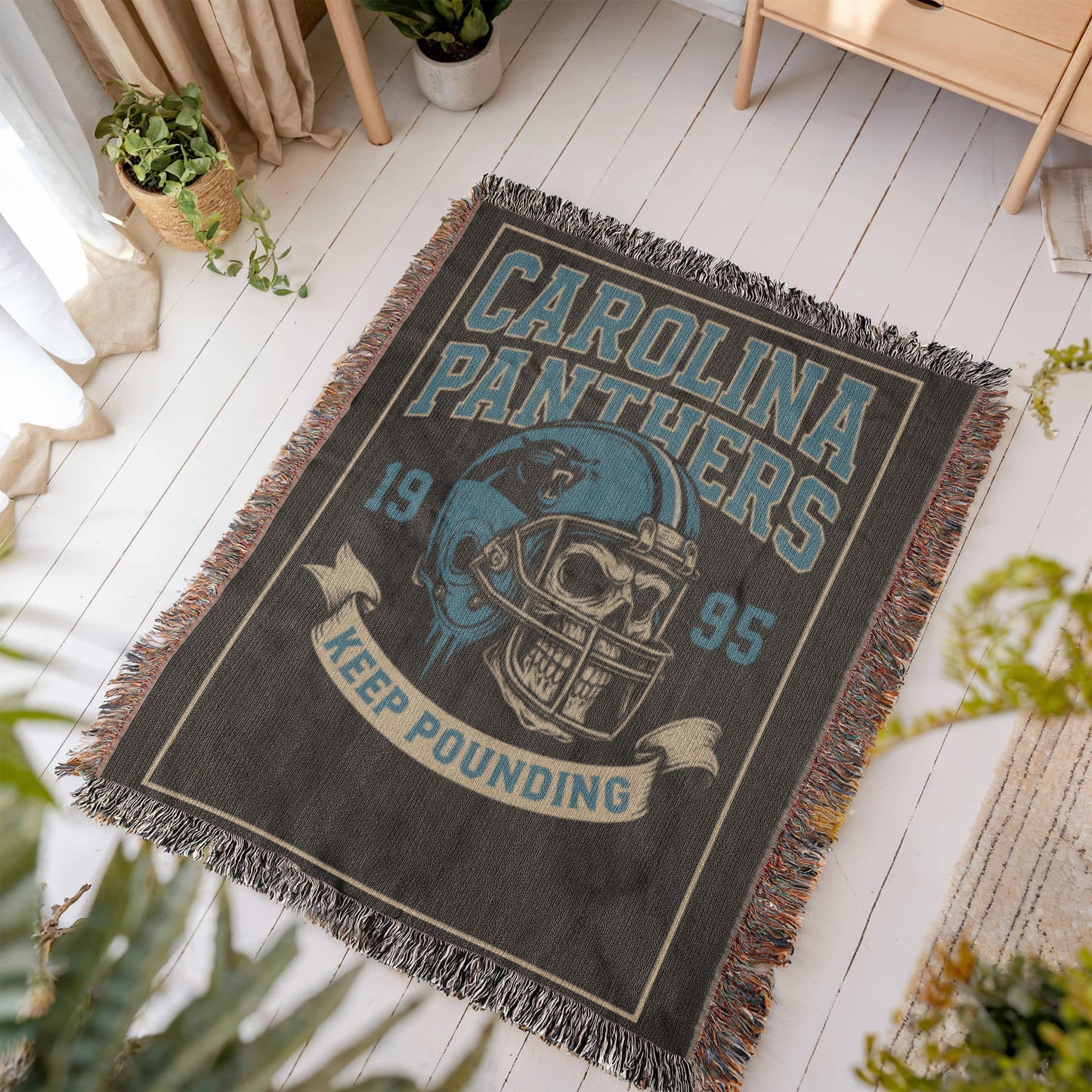 Carolina Panthers Woven Blanket – “Keep Pounding” Vintage Skull Helmet Design