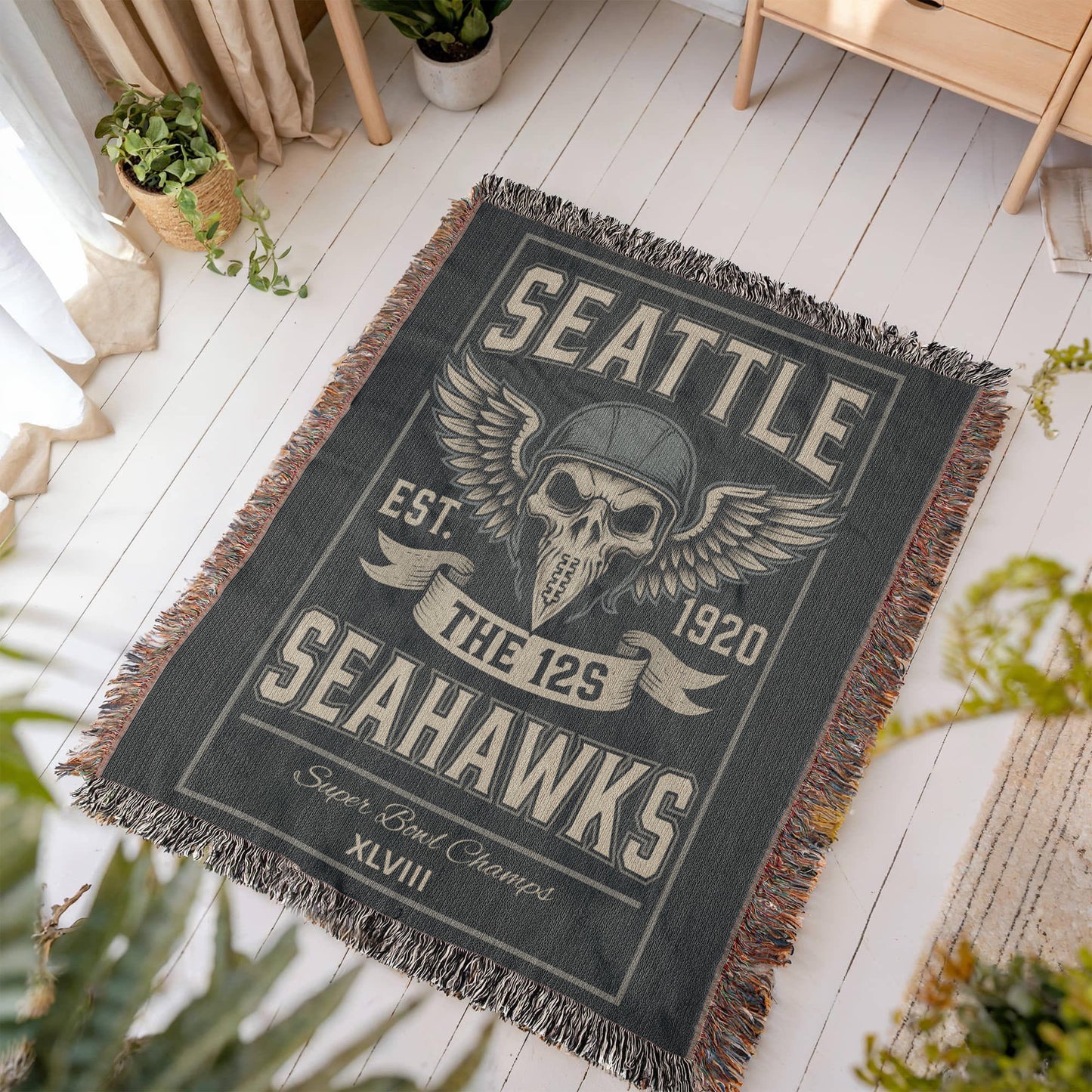 Seattle Seahawks Woven Blanket – “The 12s” Vintage Skull Wings Design