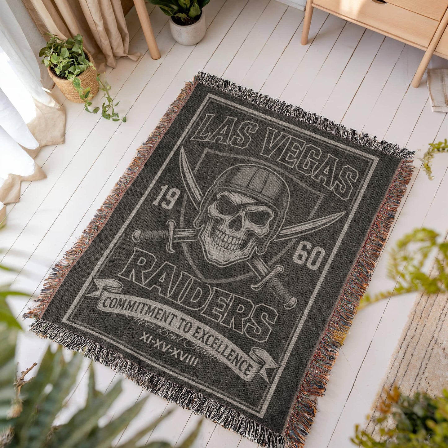 Las Vegas Raiders Woven Blanket | Skull Helmet & Swords Football Throw | Super Bowl XI • XV • XVIII