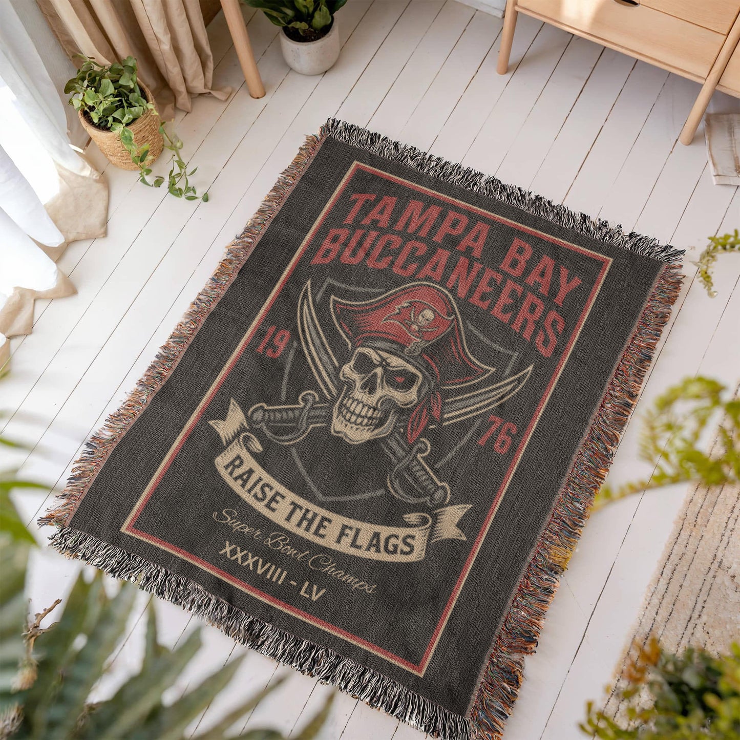 Tampa Bay Buccaneers Woven Blanket – “Raise the Flags” Vintage Pirate Skull (1976)