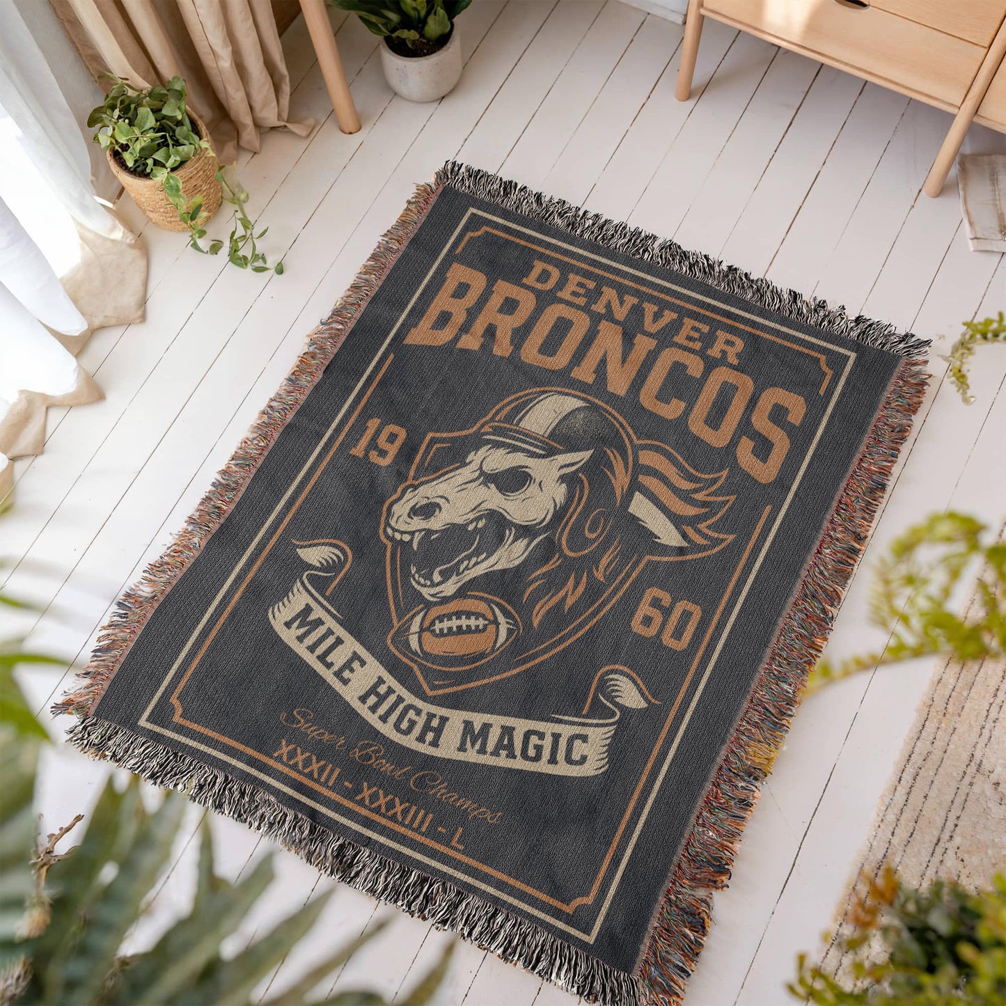 Denver Broncos Woven Blanket | Mile High Magic Skull Football Throw | Super Bowl Champs