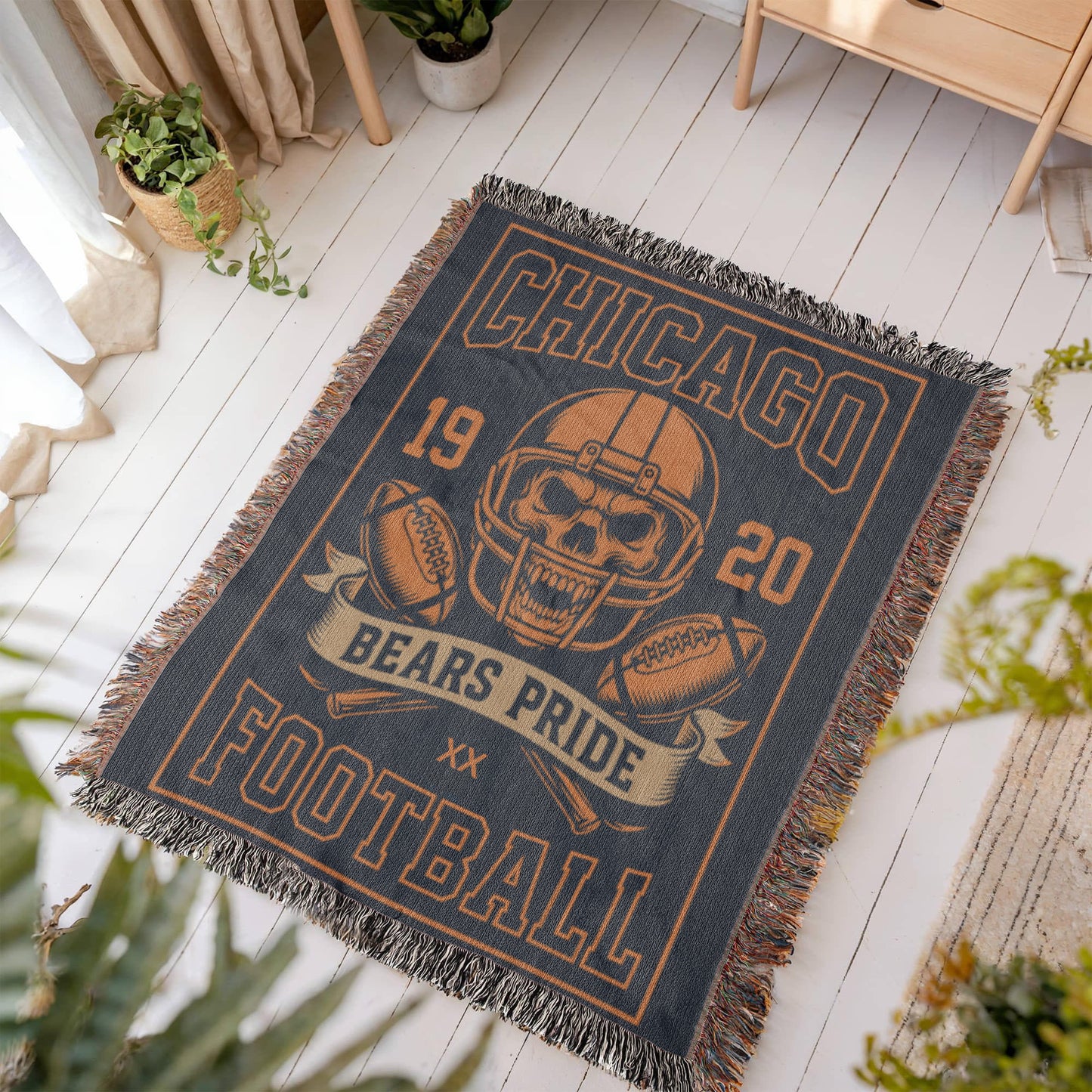Chicago Bears Woven Blanket | Bears Pride Skull Football Throw | Fan Cave Decor