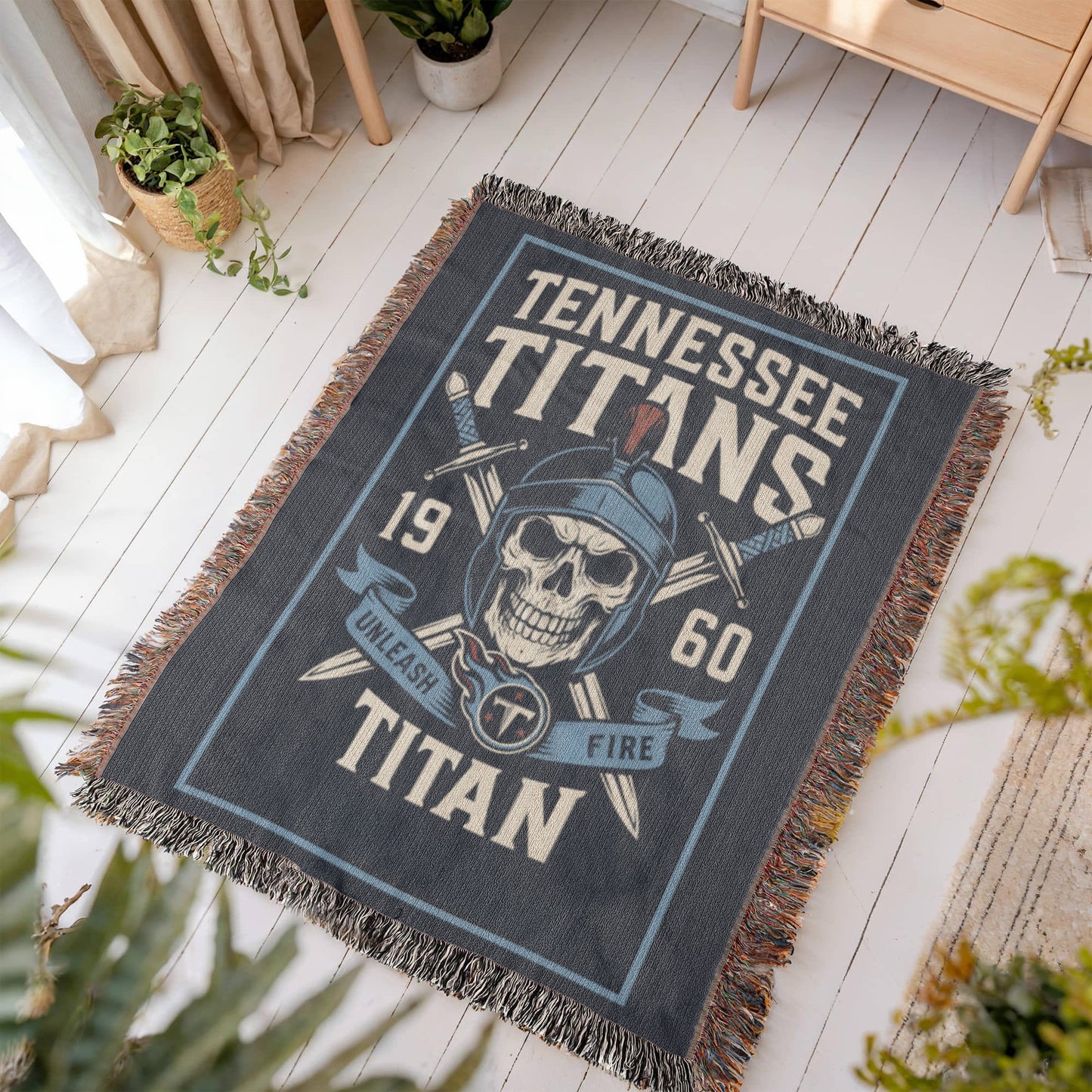 Tennessee Titans Woven Blanket | Unleash Fire Skull Helmet Throw | Sword & Shield Design