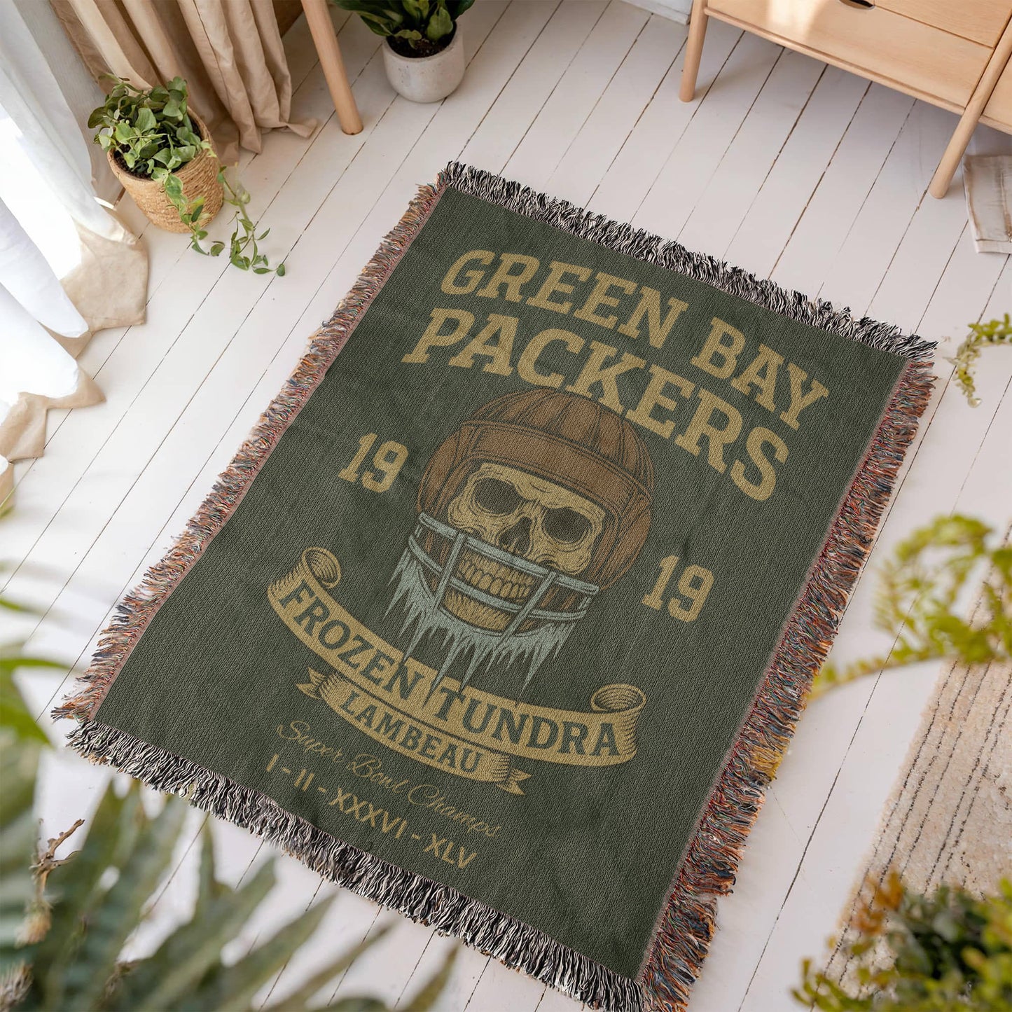 Green Bay Packers Woven Blanket | Frozen Tundra Lambeau Skull Football Throw | Super Bowl Champs