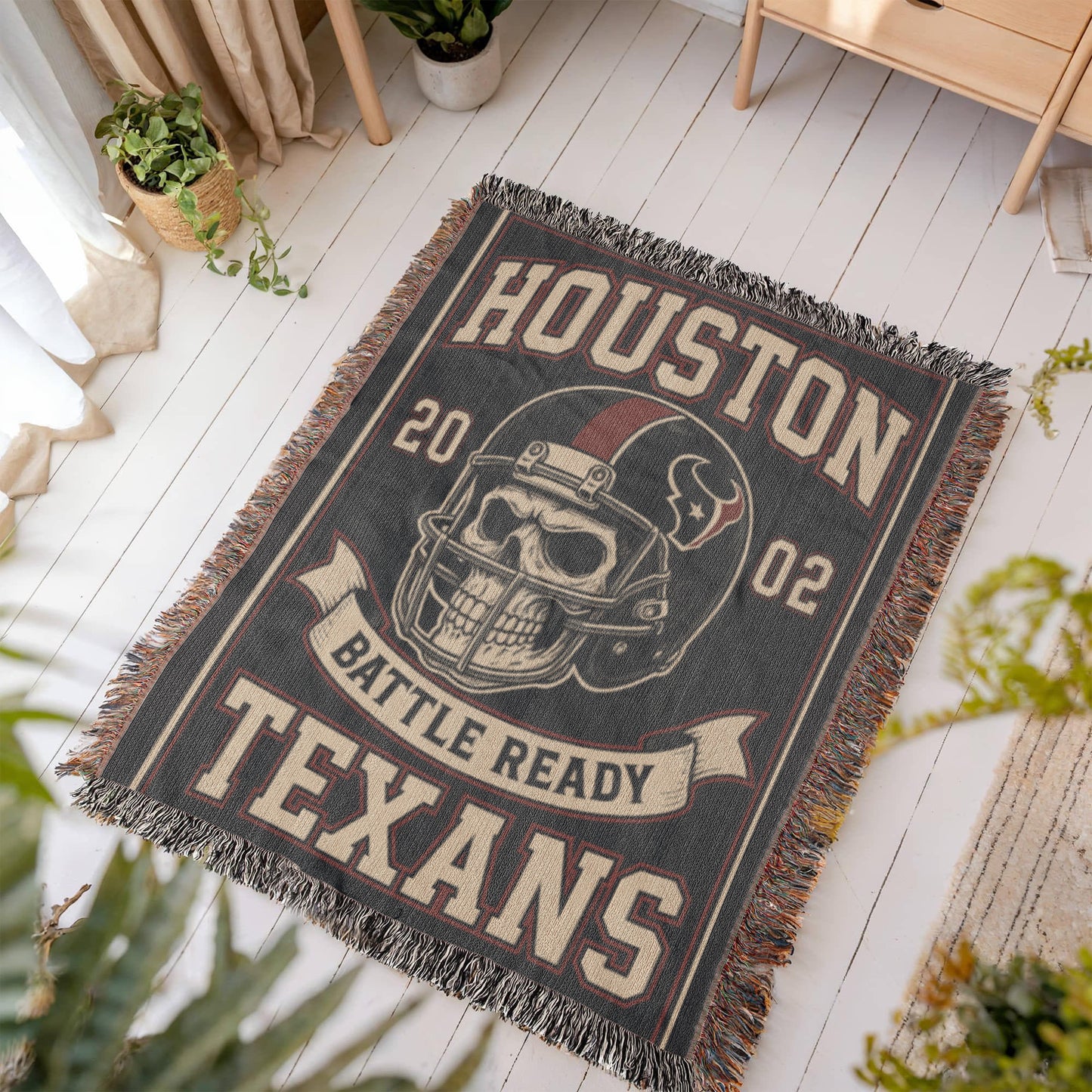 Houston Texans Woven Blanket | Battle Ready Skull Football Throw | Red, White & Blue Edition