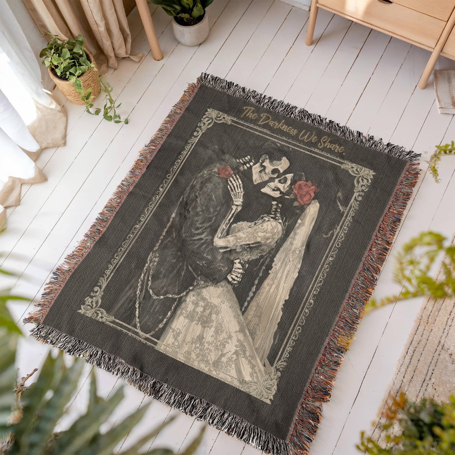 Gothic Valentine Woven Blanket – “The Darkness We Share” – Skeleton Couple Art Throw – Dark Romance Home Decor Gift