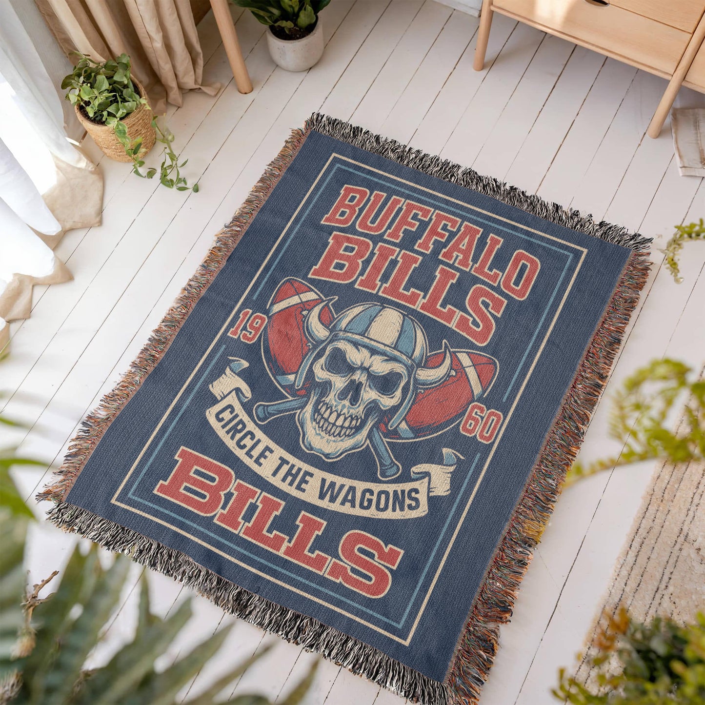 Buffalo Bills Woven Blanket | Circle the Wagons Skull Football Throw | Vintage Red & Blue