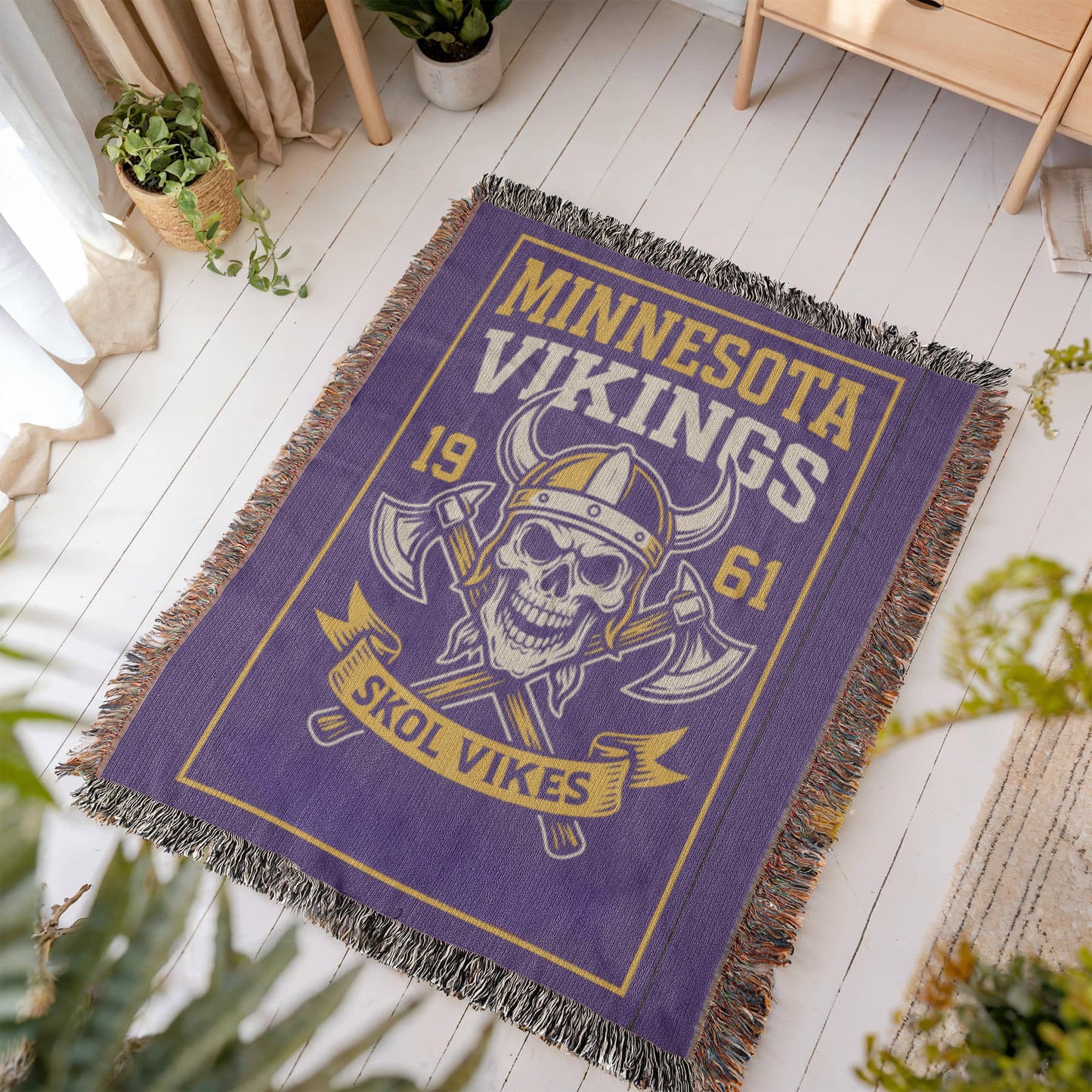 Minnesota Vikings Woven Blanket | Skol Vikes Viking Skull Throw | Football Fan Gift