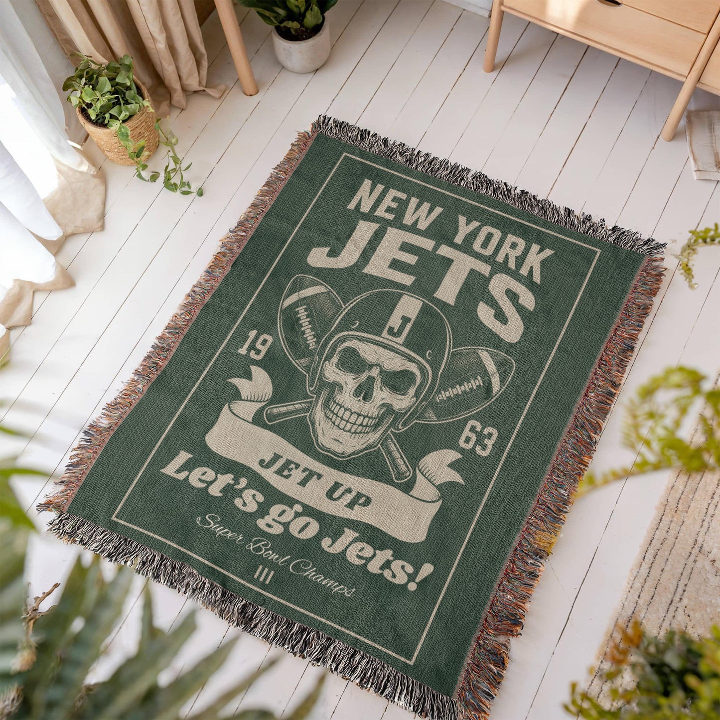 New York Jets Woven Blanket | Skull Helmet Football Throw | Super Bowl III Champions