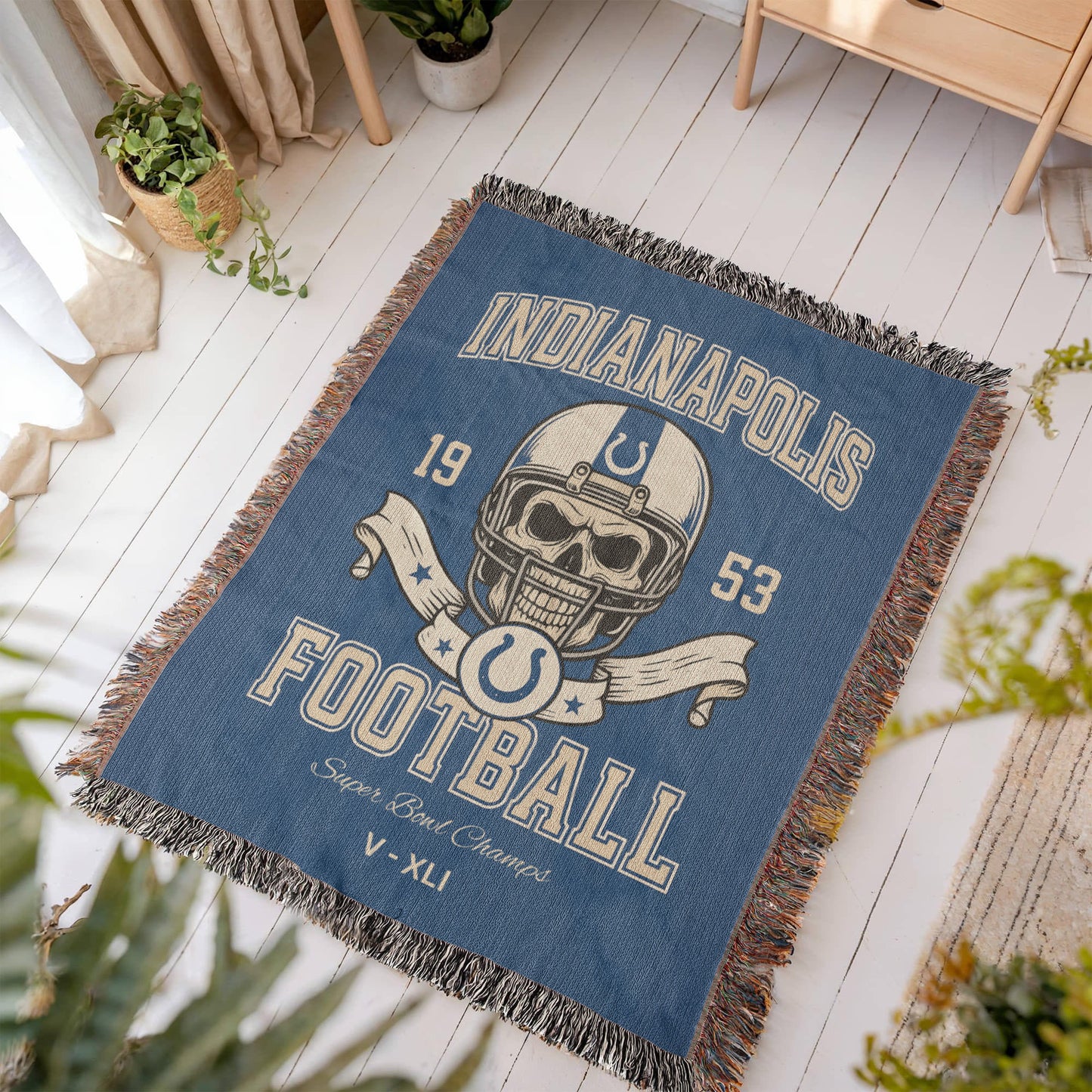 Indianapolis Colts Woven Blanket | Skull Helmet Football Throw | Super Bowl V & XLI Champions