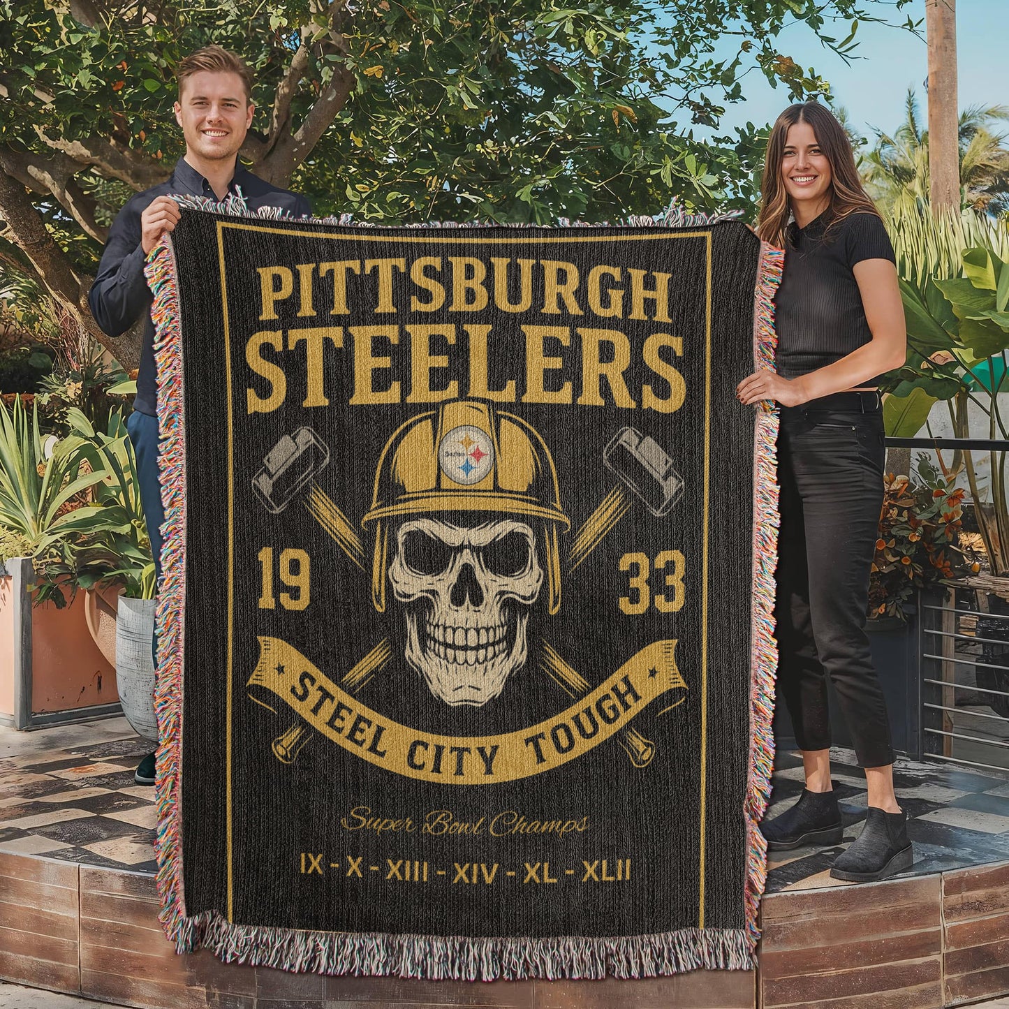 Pittsburgh Steelers Woven Blanket | Steel City Tough Skull Hardhat Throw | Super Bowl Champions