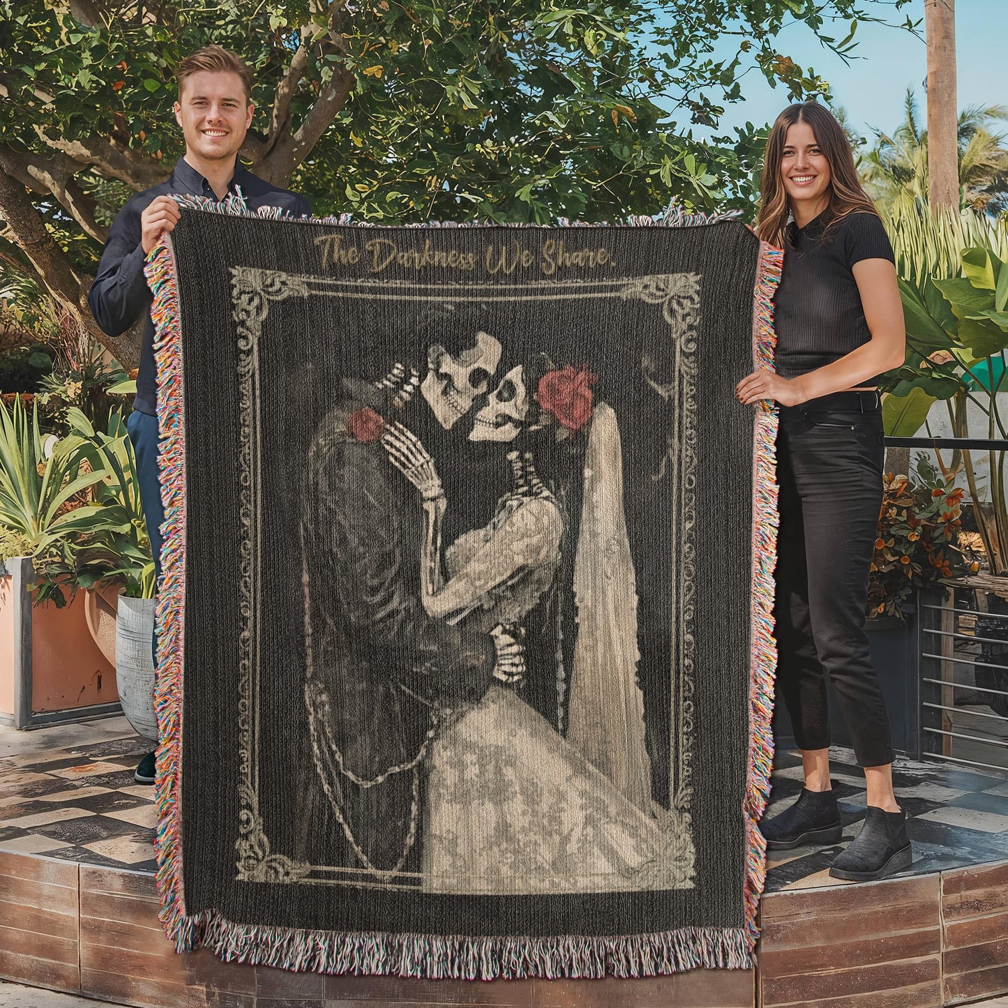 Gothic Valentine Woven Blanket – “The Darkness We Share” – Skeleton Couple Art Throw – Dark Romance Home Decor Gift