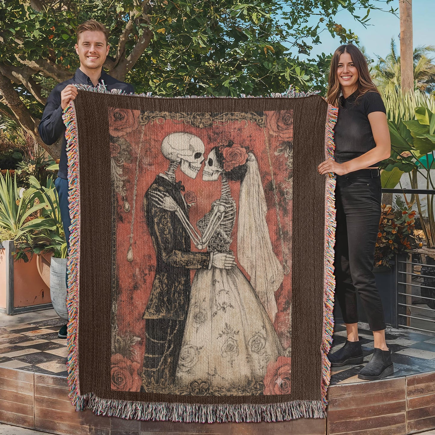Gothic Skeleton Couple Woven Blanket – Romantic Dark Love Throw, Halloween Wedding Gift, Till Death Do Us Part Decor